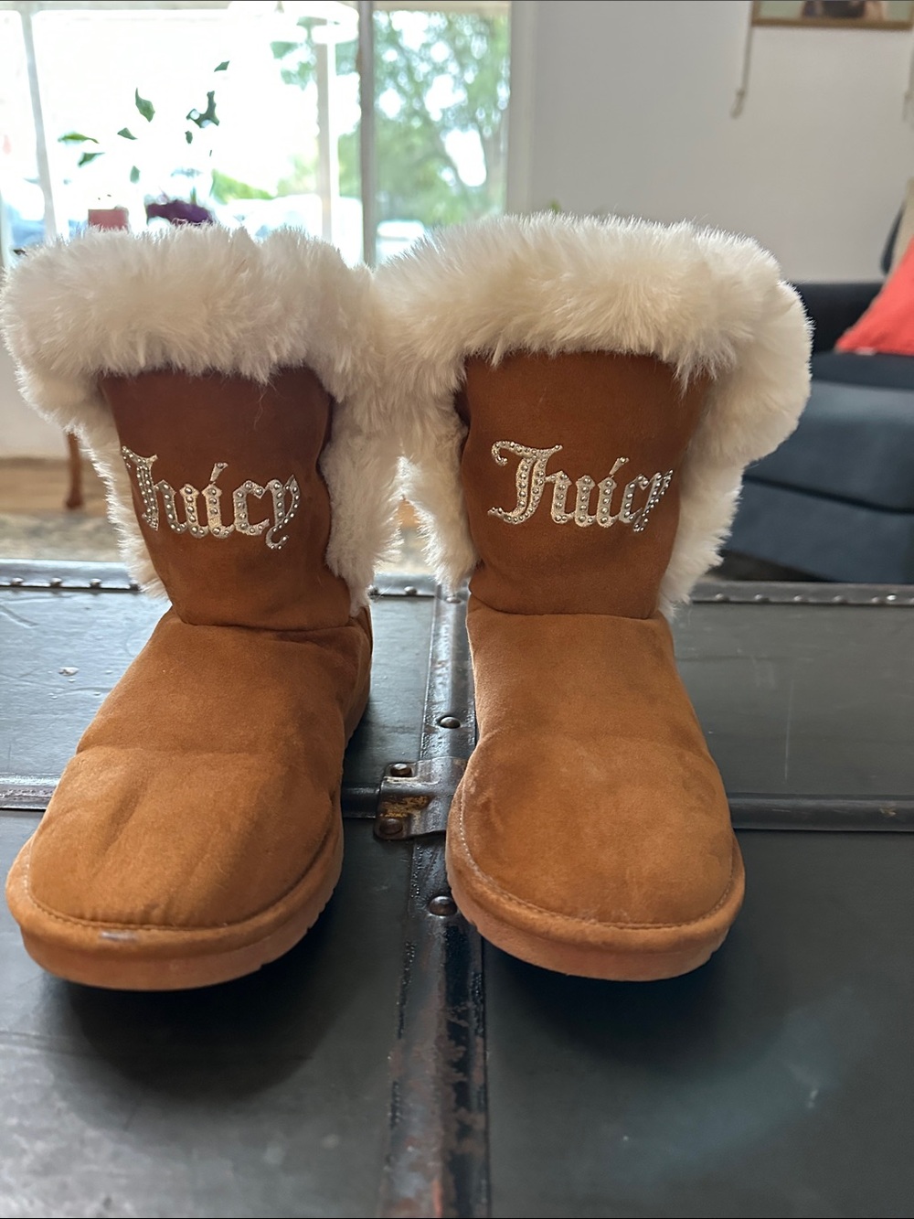 Juicy Couture Tan Faux Suede Boots with White Faux-Fur Cuff